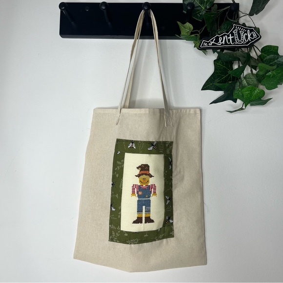 Handmade Cross Stitch Scarecrow Double Handle Tote 13.5”x15.5” - Picture 1 of 8